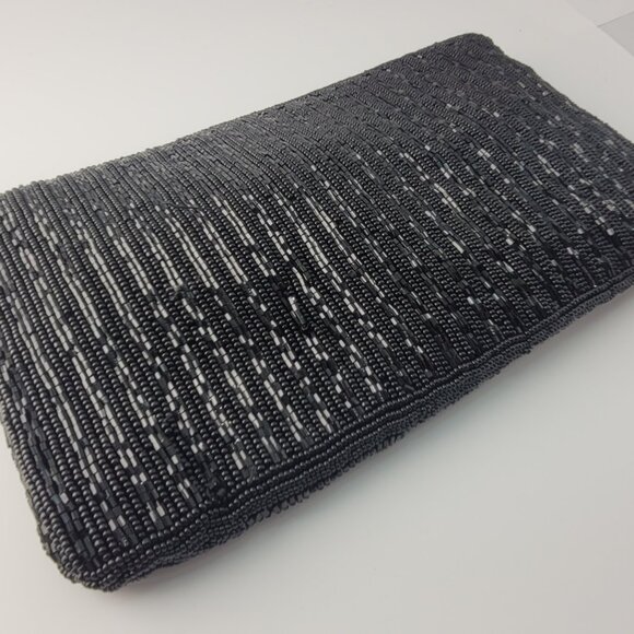 Vintage Delill Black Glass Bead Evening Bag Dress Purse Hand Beaded Snail Chain - Picture 9 of 11